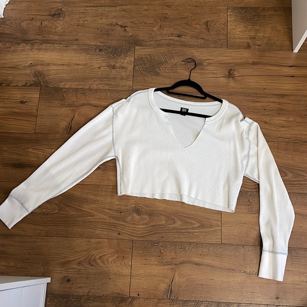 BDG white cropped waffle long sleeve